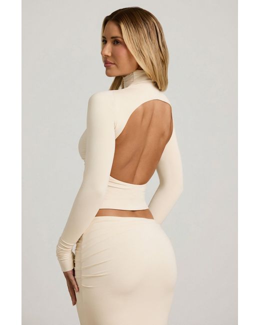 Oh Polly White Modal Ruched Backless Turtleneck Top