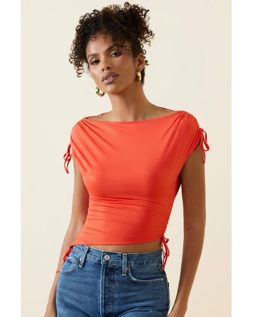 Oh Polly Red Asymmetric Ruched Cowl-Back Crop Top