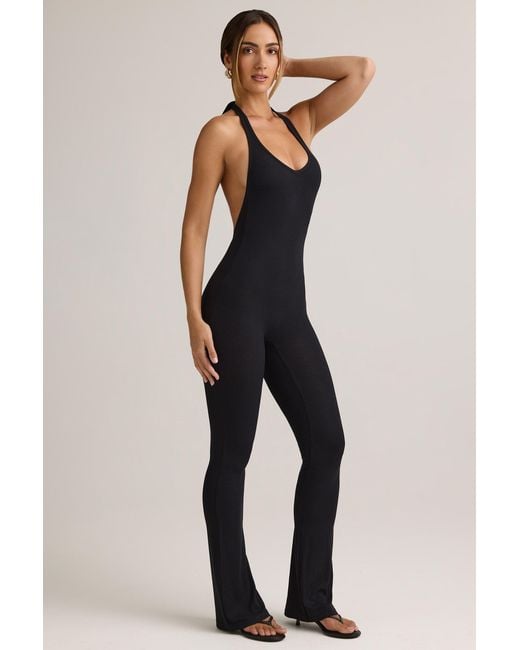 Oh Polly Black Modal Ribbed Backless Halterneck Jumpsuit
