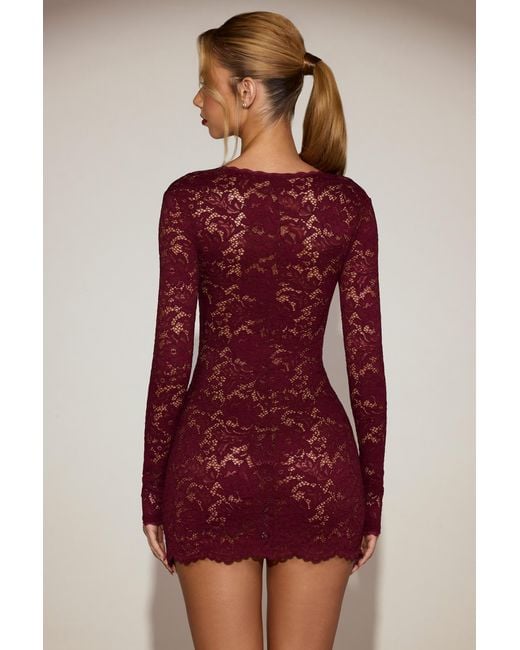 Oh Polly Red Sheer Scalloped-Lace Long-Sleeve Mini Dress