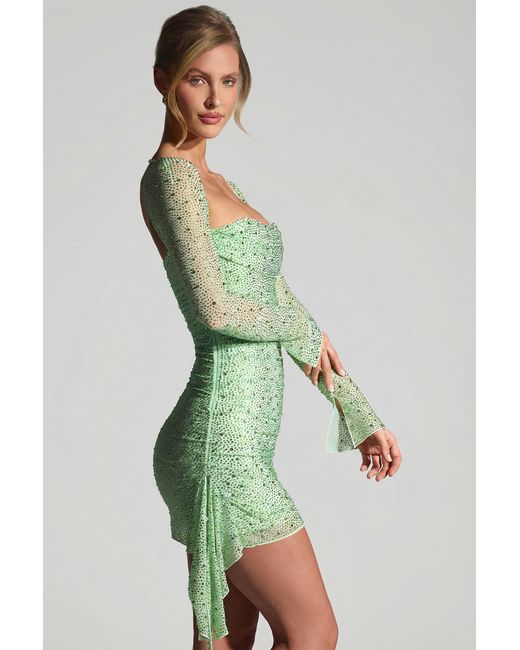 Oh Polly Green Embellished Draped Cowl-Neck Mini Dress