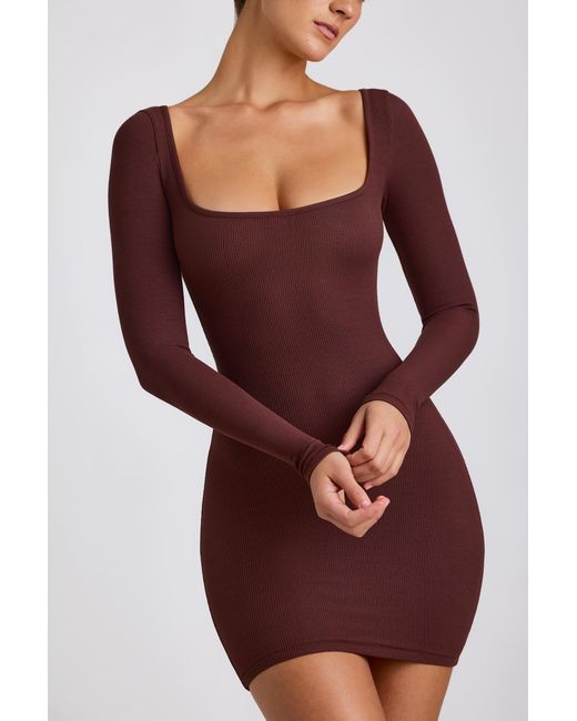 Oh Polly Brown Ribbed Modal Long Sleeve Mini Dress