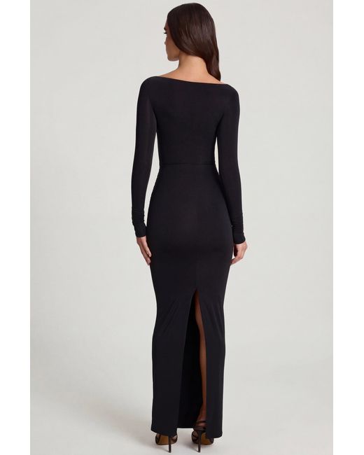 Oh Polly Black Soft Jersey Boat-Neck Tie-Gather Maxi Dress