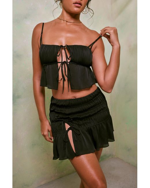Oh Polly Black Shirred Thigh High Split Mid Rise Mini Skirt