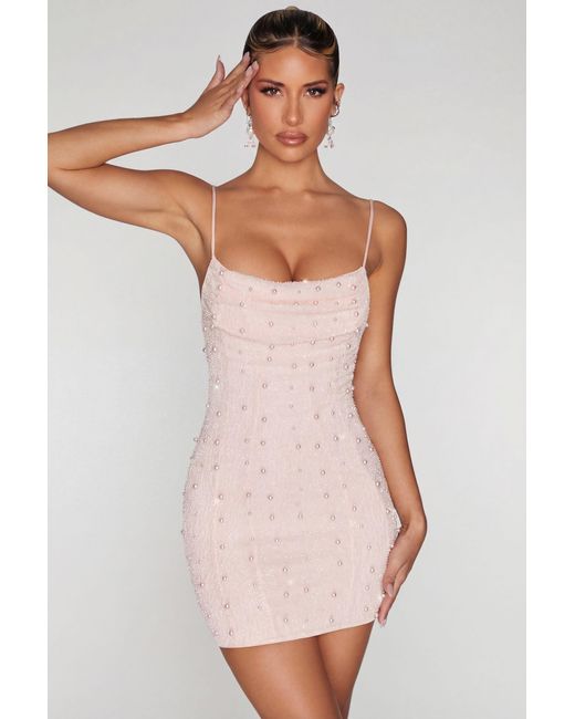 Oh Polly Blue Embellished Cowl Neck Mini Dress