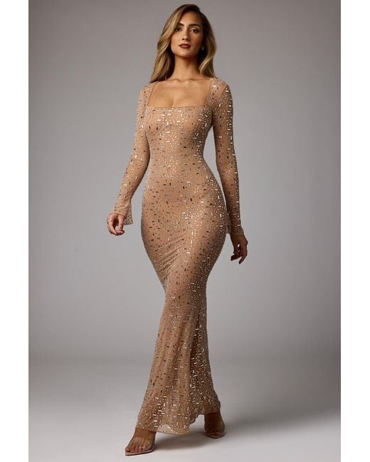 Oh Polly Natural Sheer Embellished Long Sleeve Evening Gown