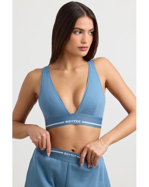 BO+TEE Blue Stretch Cotton Jersey Plunge-Neck Crop Top