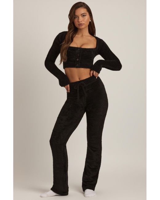 Oh Polly Black Fluffy Knit Wide-Leg Trousers