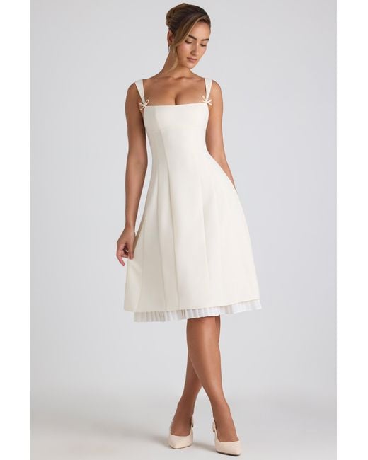 Oh Polly White Bow-Detail Pleated A-Line Midi Dress