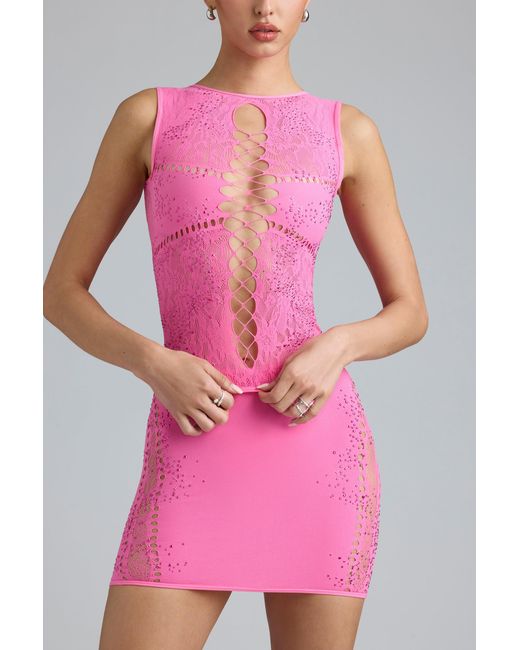 Oh Polly Pink Embellished Lace-Up High-Neck Top