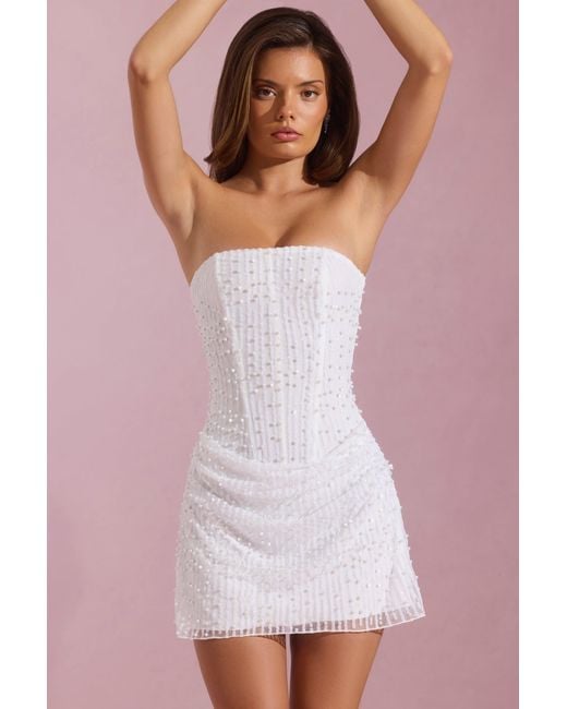 Oh Polly White Embellished Draped Strapless A-Line Mini Dress