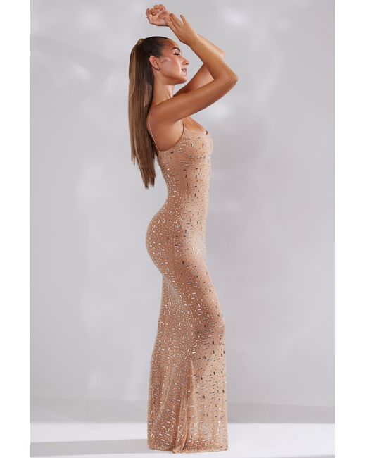 Oh Polly Natural Sheer Embellished Scoop Neck Evening Gown