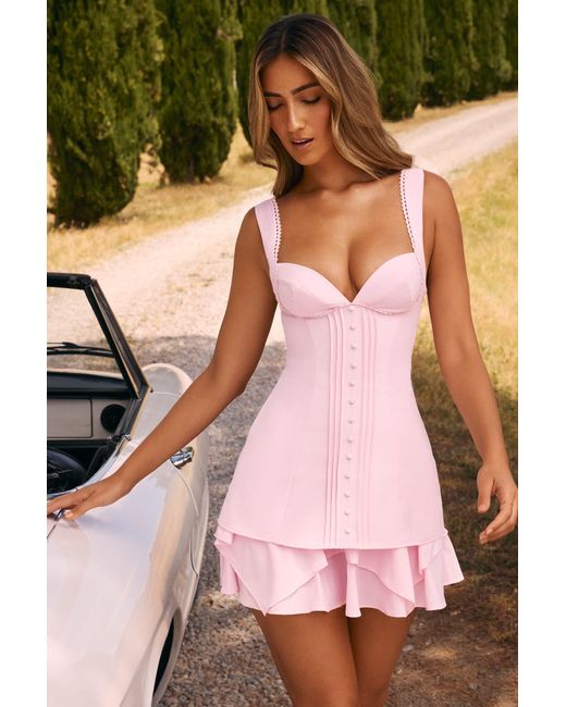 Oh Polly Pink Ruffle-Trim Button-Detail Corset Mini Dress
