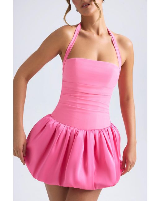 Oh Polly Pink Halterneck Lace-Up Bubble Hem Corset Micro Mini Dress