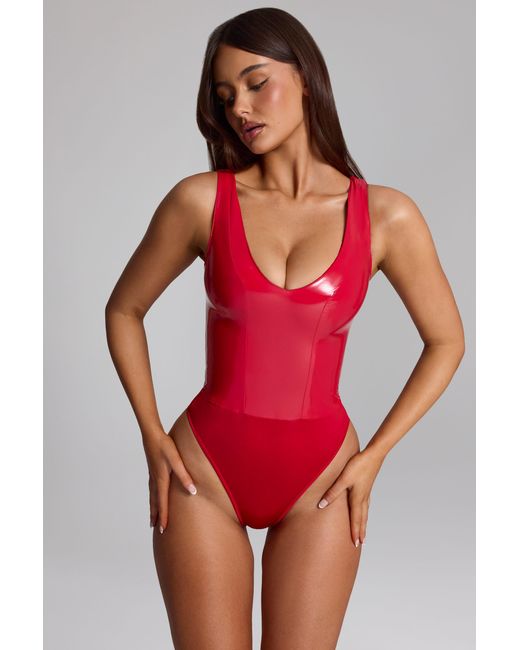 Women's Red Glossy Vinyl Plunge-Neck Bodysuit
