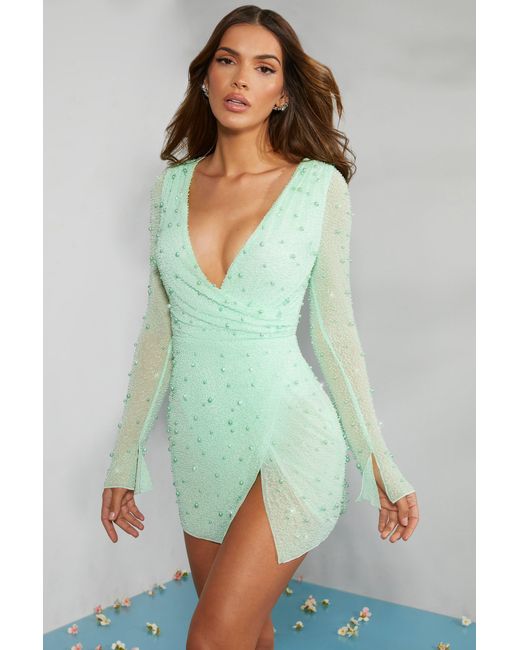 Oh Polly Green Embellished Wrap Over A-Line Mini Dress