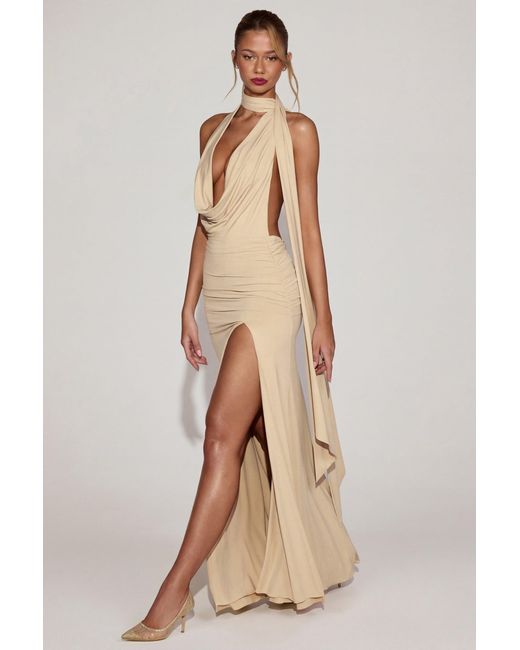 Oh Polly Natural Soft-Jersey Plunge Halterneck Maxi Dress