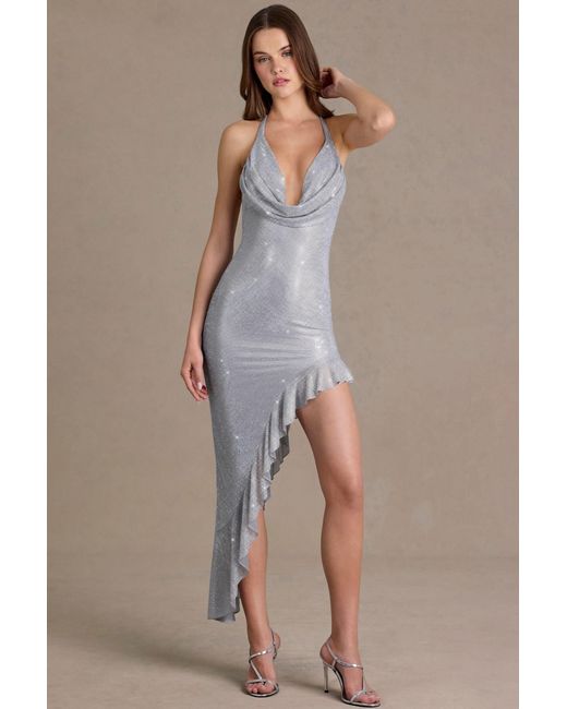 Oh Polly Metallic Embellished Plunge Asymmetric Maxi Dress