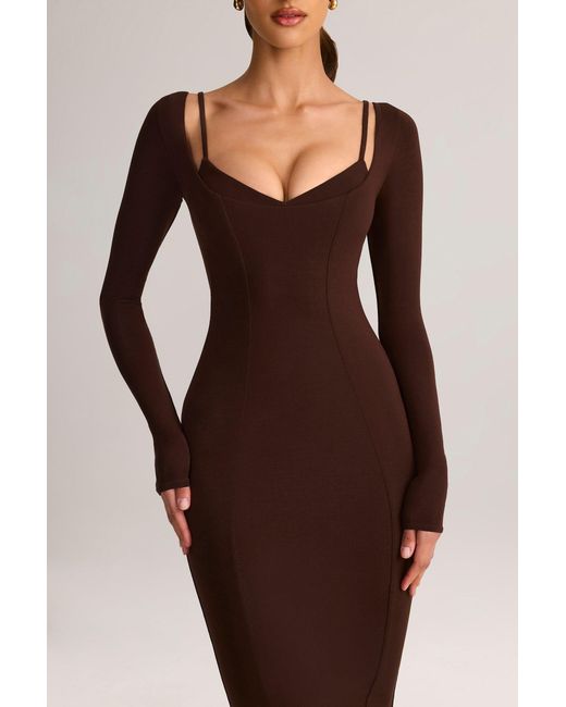 Oh Polly Brown Modal Peekaboo Long-Sleeve Midi Dress