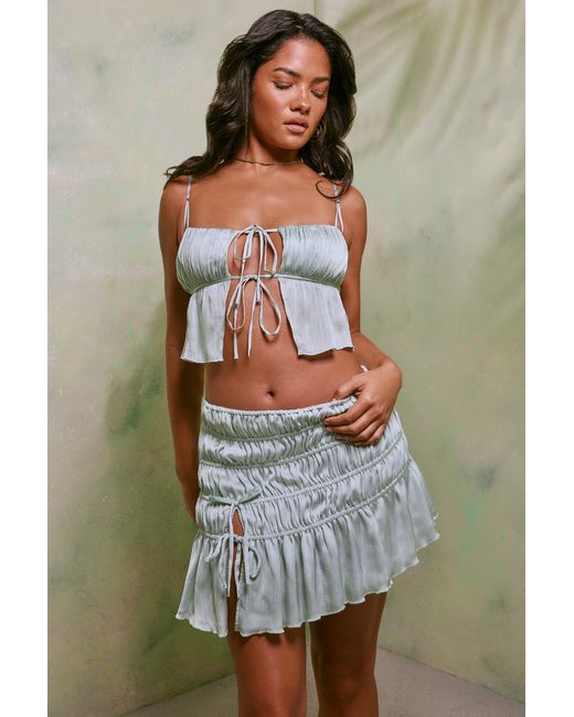 Oh Polly Green Shirred Tie Up Front Crop Top