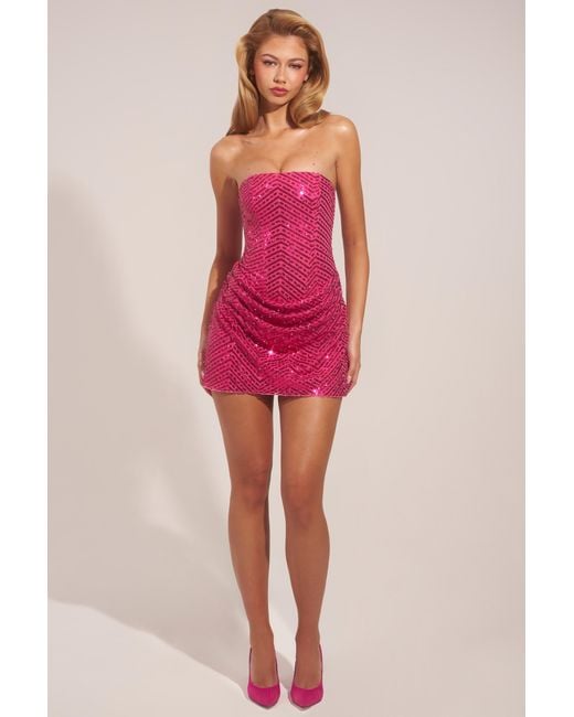 Oh Polly Pink Embellished Draped Strapless A-Line Mini Dress