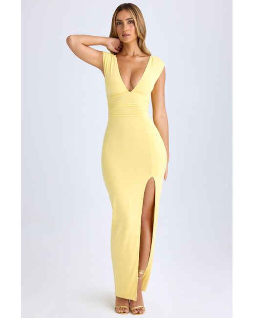Oh Polly Yellow Modal Plunge-Neck Thigh-Split Maxi Dress