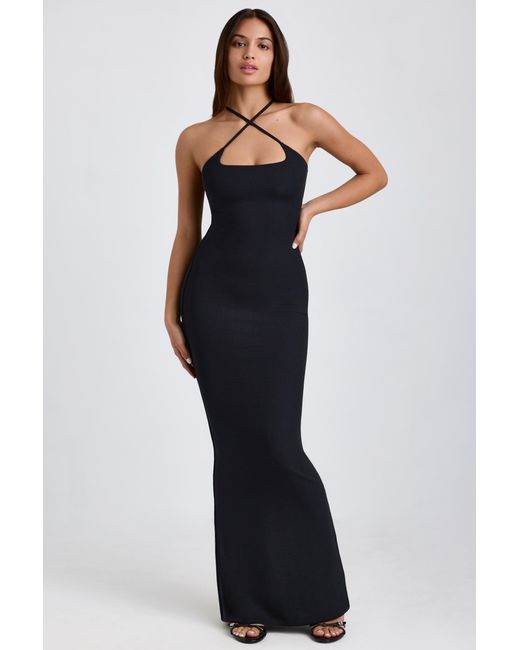 Oh Polly Black Ribbed Modal Halterneck Maxi Dress