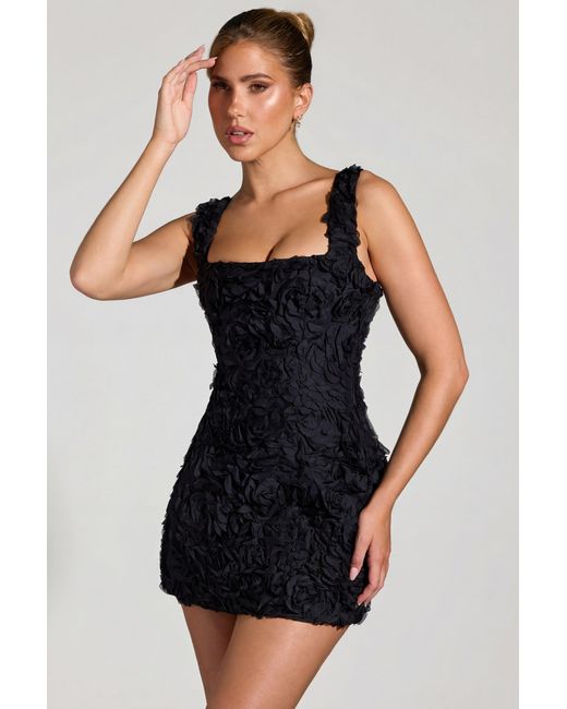 Oh Polly Black Floral-Appliqué Square-Neck Corset Mini Dress