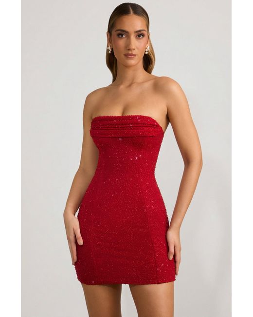 Oh Polly Red Embellished Strapless Cowl-Neck Mini Dress
