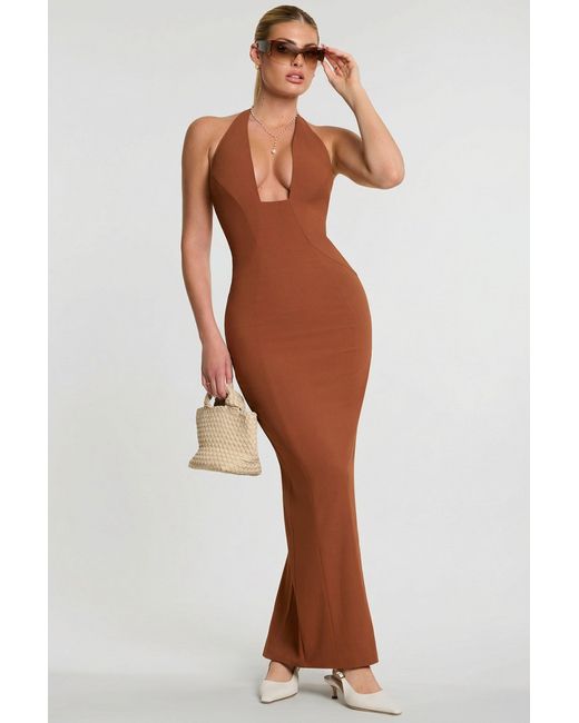 Oh Polly Brown Woven Twill Halter Neck Plunge Maxi Dress