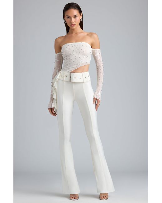 Oh Polly White Metallic Belted Mid-Rise Flared Trousers