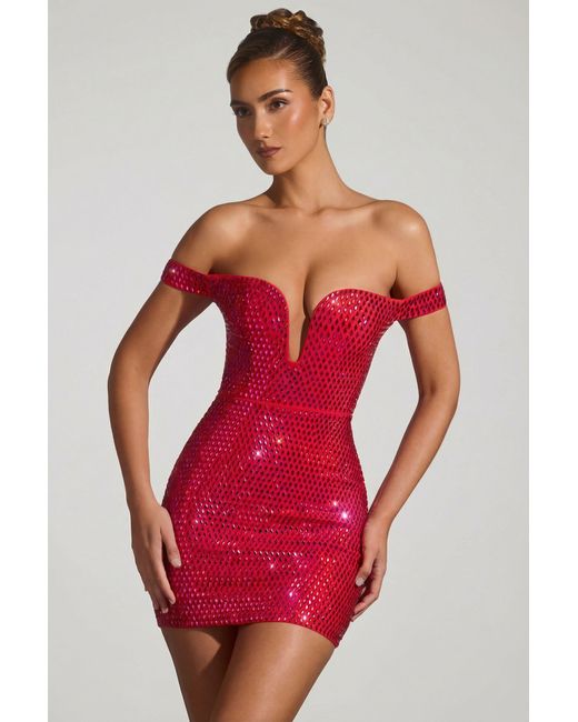 Oh Polly Red Embellished Off-Shoulder Mini Dress