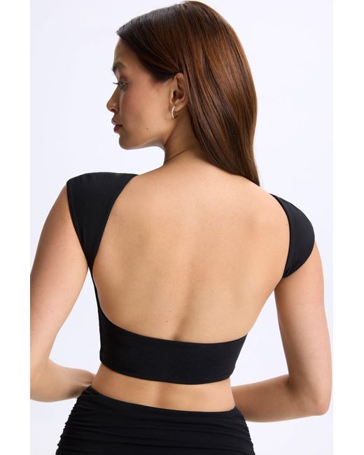 Oh Polly Black Modal Cap-Sleeve Open-Back Crop Top