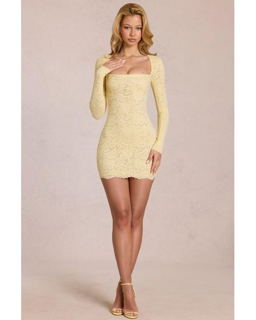 Oh Polly Yellow Scalloped-Lace Long-Sleeve Mini Dress