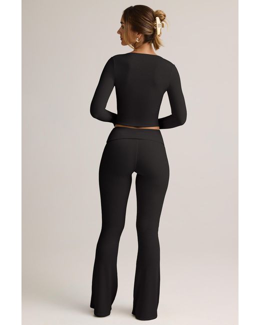 Oh Polly Black Modal Ribbed Foldover Flared Trousers