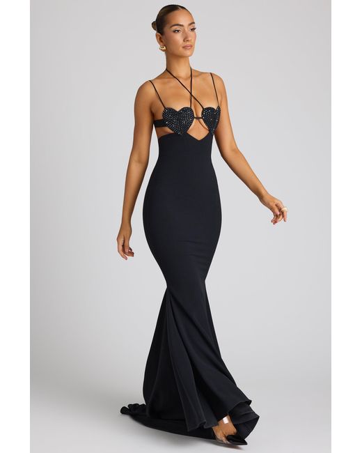 Oh Polly Black Embellished Heart Cup Detail Evening Gown
