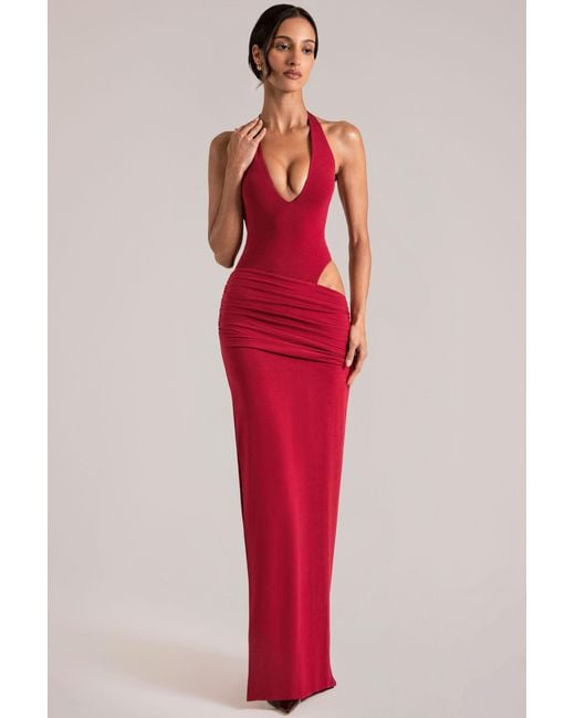 Oh Polly Red Deep Plunge Halterneck Maxi Dress