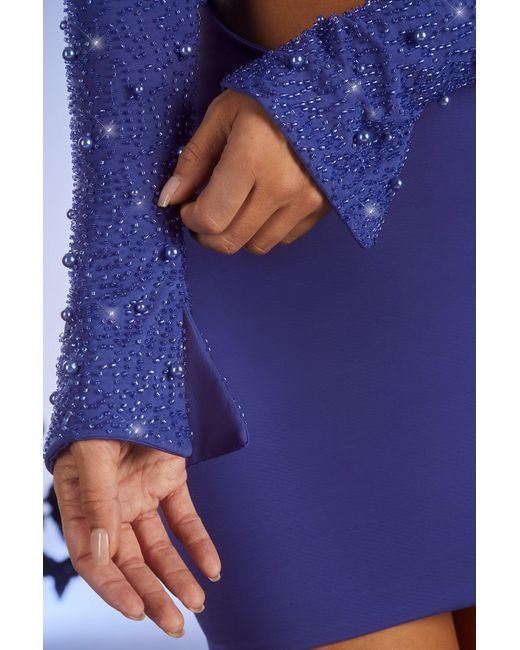 Oh Polly Blue Embellished Long Sleeve Cut Out Mini Dress