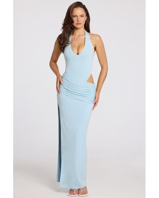 Oh Polly Blue Deep Plunge Halterneck Maxi Dress