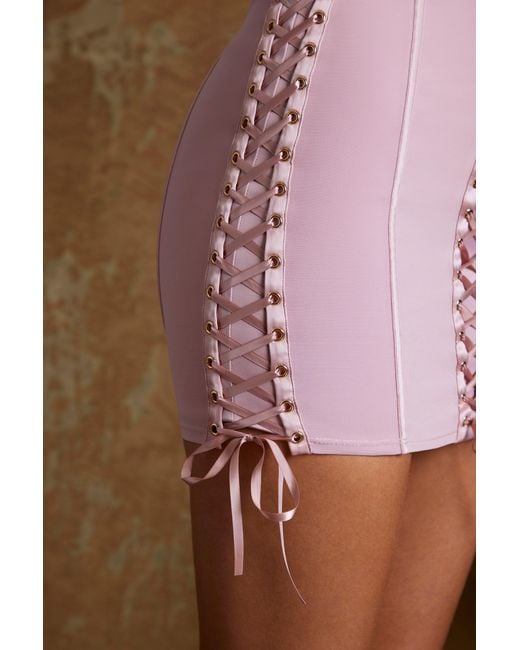 Oh Polly Pink Lace Up Corset Bandeau Micro Mini Dress