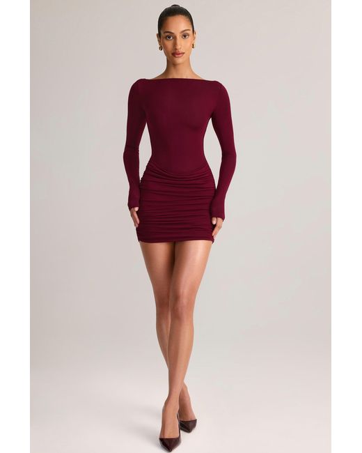 Oh Polly Red Modal Boat-Neck Draped Long-Sleeve Mini Dress