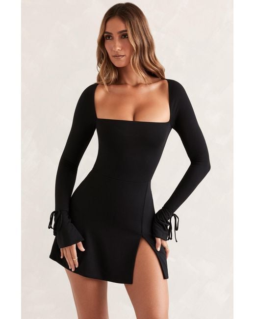 Oh Polly Black Square Neck Long Sleeve Mini Dress
