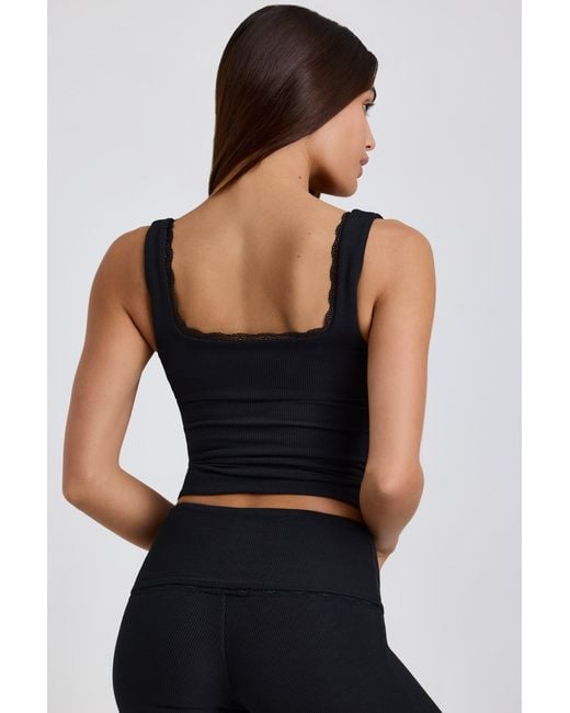 Oh Polly Black Ribbed Modal Lace-Trim Tank Top