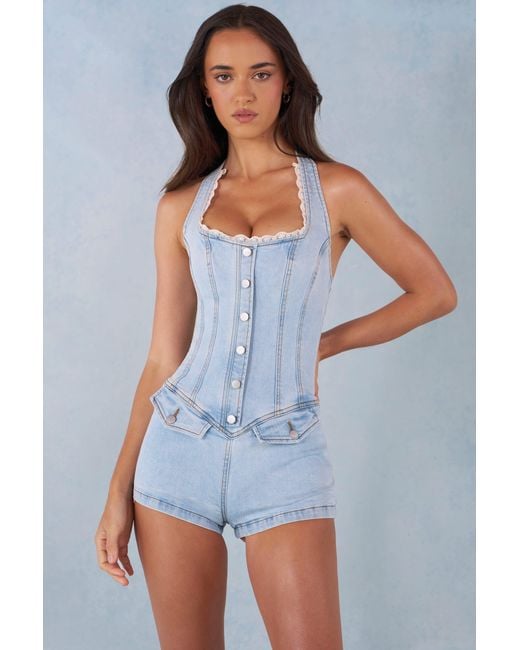 Oh Polly Blue Button-Down Halterneck Playsuit