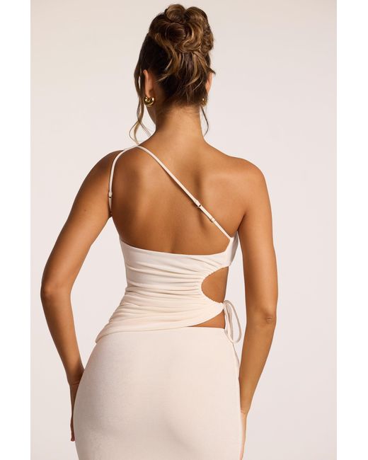 Oh Polly White Textured Jersey Ruched Cut-Out One Shoulder Top