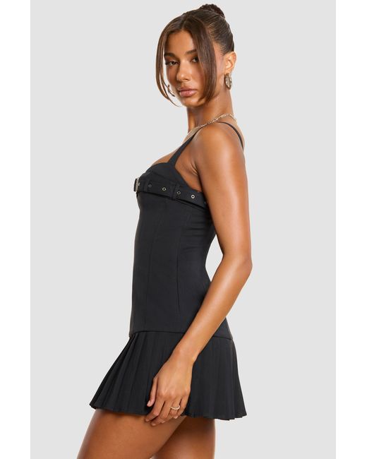 Oh Polly Black Brushed Twill Drop Waist Kilt Mini Dress
