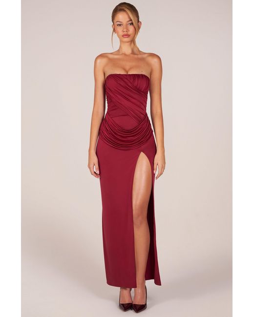 Oh Polly Red Bandeau Draped Thigh-High Maxi Dress