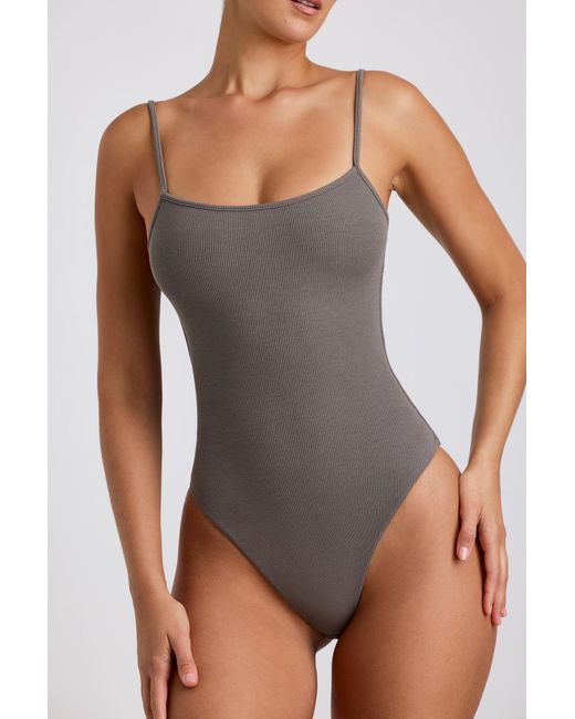 Oh Polly Gray Ribbed Modal Square Neck Bodysuit