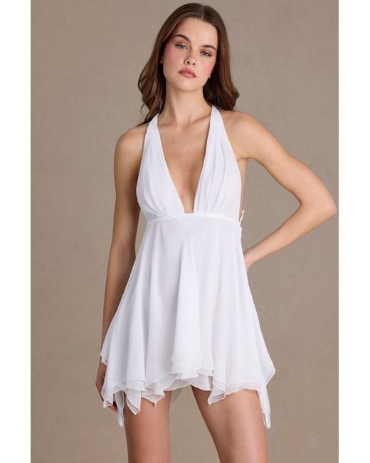 Oh Polly White Chiffon Plunge-Neck Open-Back Mini Dress