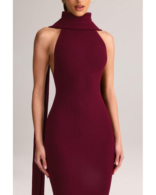 Oh Polly Red Rib-Knit Scarf-Detail Halterneck Maxi Dress